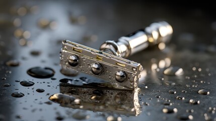 artistic professional photo of chrome safety razor on marble surface with water droplets, perfect lighting, realistic and cinematic style