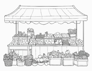Intricate Line Drawing of a Market Stall with Fruits and Vegetables, Demonstrating Daily Life and Commerce for Food Blogs and Agricultural Publications.