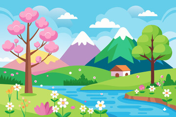 Fototapeta premium spring landscape illustration with mountains, trees, flowers and blue sky