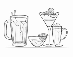 Sophisticated Line Drawings of Beer Stein, Martini Glass, and Espresso Cup for Cafes