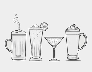 Sophisticated Line Drawings of Beer Stein, Martini Glass, and Espresso Cup for Cafes