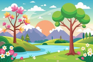 spring landscape illustration with mountains, trees, flowers and blue sky

