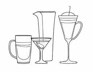 Sophisticated Line Drawings of Beer Stein, Martini Glass, and Espresso Cup for Cafes
