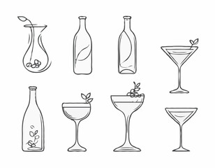 Elegant Outline Icons of Wine Bottle, Cocktail Glass, and Coffee Bean for Drink Logos
