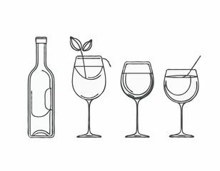 Elegant Outline Icons of Wine Bottle, Cocktail Glass, and Coffee Bean for Drink Logos