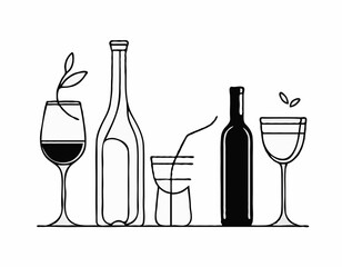 Elegant Outline Icons of Wine Bottle, Cocktail Glass, and Coffee Bean for Drink Logos