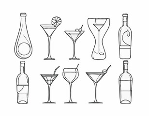 Elegant Outline Icons of Wine Bottle, Cocktail Glass, and Coffee Bean for Drink Logos