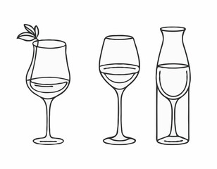 Elegant Outline Icons of Wine Bottle, Cocktail Glass, and Coffee Bean for Drink Logos