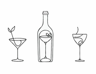 Elegant Outline Icons of Wine Bottle, Cocktail Glass, and Coffee Bean for Drink Logos