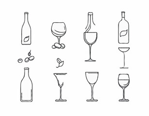 Elegant Outline Icons of Wine Bottle, Cocktail Glass, and Coffee Bean for Drink Logos