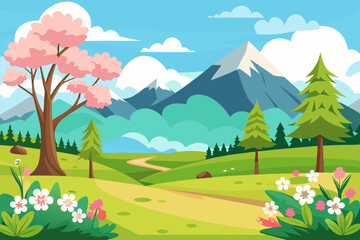Obraz premium spring landscape illustration with mountains, trees, flowers and blue sky