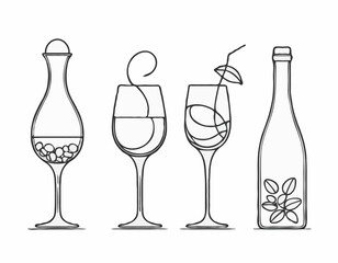 Elegant Outline Icons of Wine Bottle, Cocktail Glass, and Coffee Bean for Drink Logos