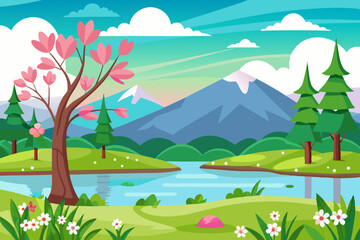 Fototapeta premium spring landscape illustration with mountains, trees, flowers and blue sky