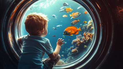 Little boy curiously admire fishes through ship’s round porthole window. Concept of environment sustainable, underwater lives, fantasy journey