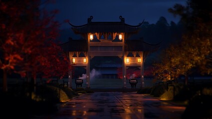 Obraz premium Serene Night at the Asian Temple Gate Digital Painting of Tranquil Autumn Scenery