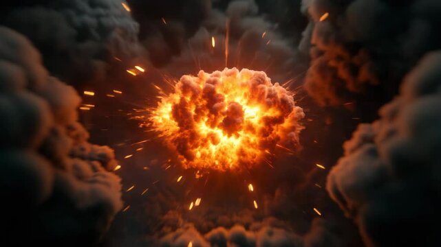 Explosion fireball with dark smoke and bright sparks dramatic scene, intense fiery blast with glowing embers and thick clouds creating powerful visual impact and explosive fireball with bright orange