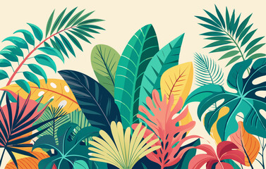 Fototapeta premium tropical jungle leaves background illustration with colorful exotic foliage
