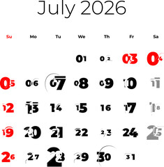 July 2026 calendar for USA vector