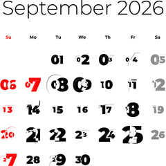 September 2026 calendar for USA vector