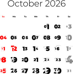 October 2026 calendar for USA vector