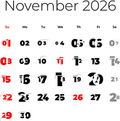 November 2026 calendar for USA vector