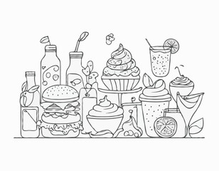 Whimsical Hand-Drawn Food and Beverage Line Art Symbols