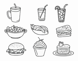 Whimsical Hand-Drawn Food and Beverage Line Art Symbols