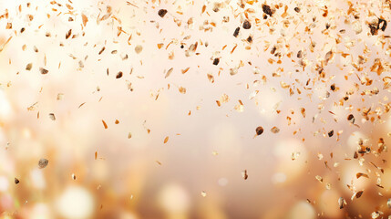 Golden confetti shower in warm hues, a festive abstract backdrop with soft glow and depth. Celebration and joy in a dreamy golden moment.