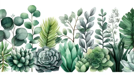 Papier peint photo Jungle Lush Greenery Collection of Succulent and Leafy Plants in Watercolor Style for Decorative and Natural Themes  © Chom