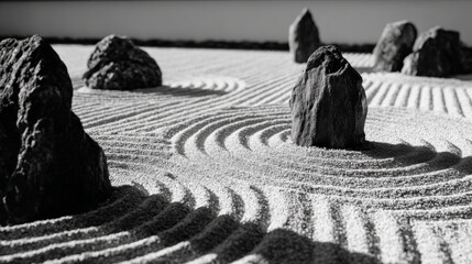 Black and White Zen Garden with Raked Sand Patterns, Rocks, and Tranquil Atmosphere for Meditation and Relaxation