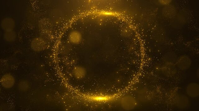 Golden glitter circle Festive luxury golden glitter circle sparkling sparkling light shine. 4k special events awards ceremony. Gold glittering ring, magic glow, bright light sparks with bokeh effect