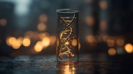 artistic professional photo of shiny DNA helix standing vertically in glass tube, perfect lighting, realistic and cinematic style
