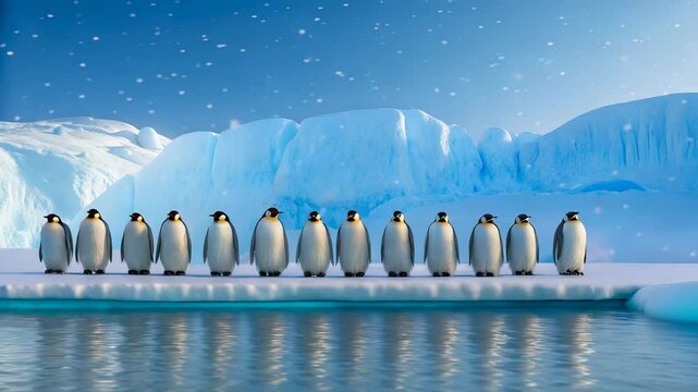 Majestic Emperor Penguins standing in a row on an Antarctic iceberg during a gentle snowfall a breathtaking winter wildlife scene perfect for nature documentaries or educational presentations