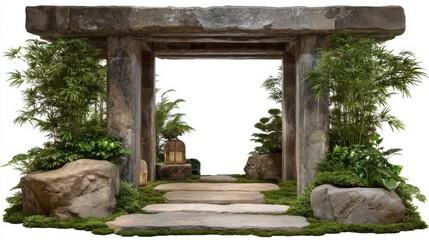 Tranquil Garden Pathway with Stone Pillars, Lush Greenery, and Natural Elements for Serene Outdoor Spaces