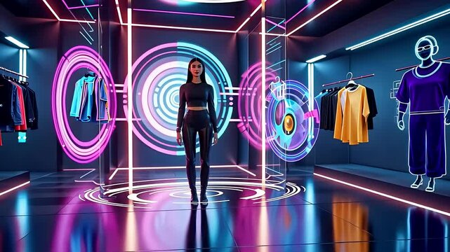 Female Shopper Using Virtual Clothing Fitting Room Surrounded by Interactive Neon Displays