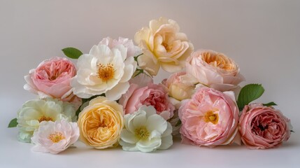 Beautiful Arrangement of Soft Pink and Cream Floral Blooms on a Light Background with Green Leaves for Elegant Decor