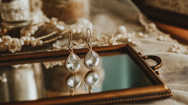 artistic professional photo of gold earrings on mirror with pastel reflections, perfect lighting, realistic and cinematic style