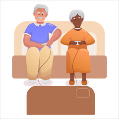 Cute elderly couple playing video games together. Happy seniors spending time together actively