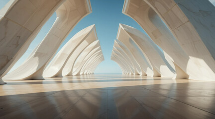 White Futuristic Hall with Arched Roof and Blue Sky