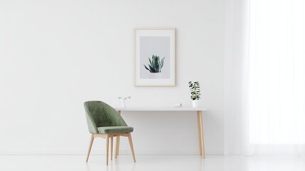 Sleek minimalist white desk with chair and framed photo, featuring a clean and uncluttered solid background.