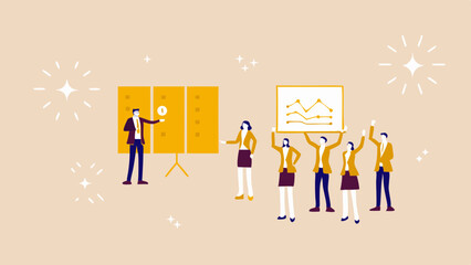 A presentation with a man pointing to a board and a team holding up a graph with excitement