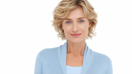 Cutout portrait of a beautiful smiling middle aged blond woman wearing a light blue outfit, isolated on a transparent background, perfect for easy integration into any design project