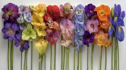 Colorful Collection of Fresh Cut Flowers Displayed in a Row on a Light Background for Vibrant Floral Arrangements