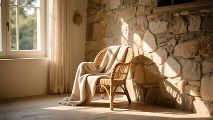 Photo of Wicker chair with a blanket in a sunlit room with stone wall and wooden floor