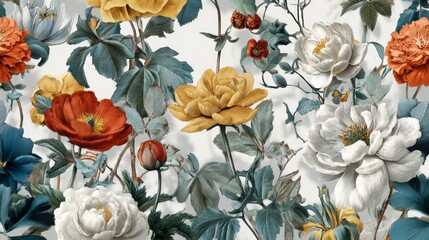 Colorful Floral Pattern Featuring Peonies, Roses, and Leaves in Vibrant Shades Against a Light Background