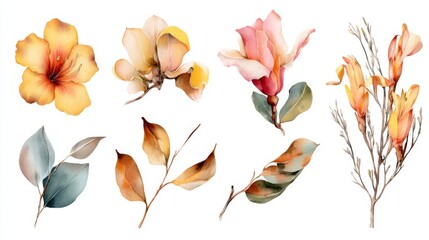 Vibrant and Elegant Flower Illustrations with Leaf Botanicals for Art and Design Projects