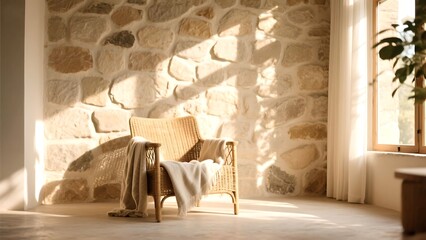 Photo of Wicker chair with a blanket in a sunlit room against a stone wall, creating a cozy and inviting interior design