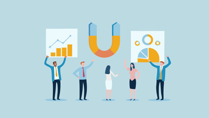 Team presentation with charts and a magnet symbolizing attraction and business growth strategy