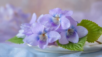 Delicate Purple Violets on Soft Fabric with Natural Green Leaves in a Serene Background Ideal for Nature Themes and Floral Decor