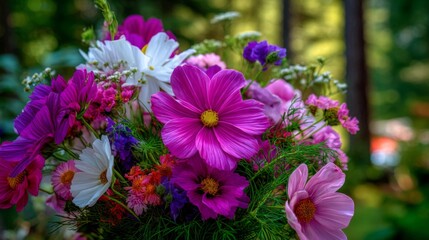 Colorful bouquet of assorted wildflowers in a natural setting showcasing vibrant petals and lush green foliage